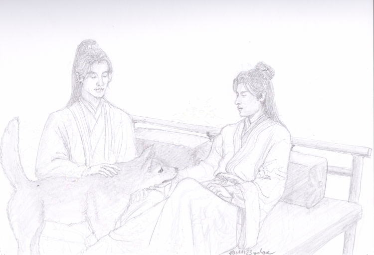 women - Li Lianhua and Duobing on a bed in Lotus Tower, petting Huli Jing